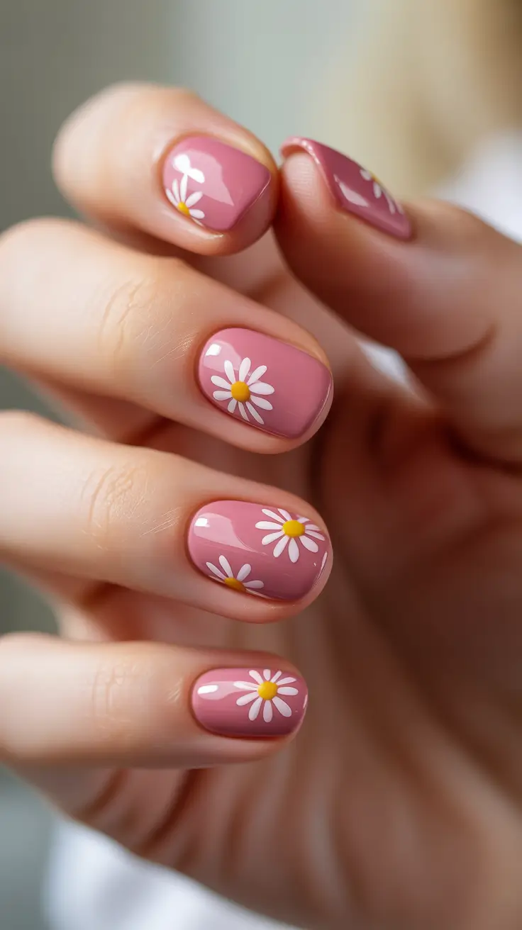 spring to summer season nail art ideas 2026 Dusty Rose Daisy Micro Floral Short Nails