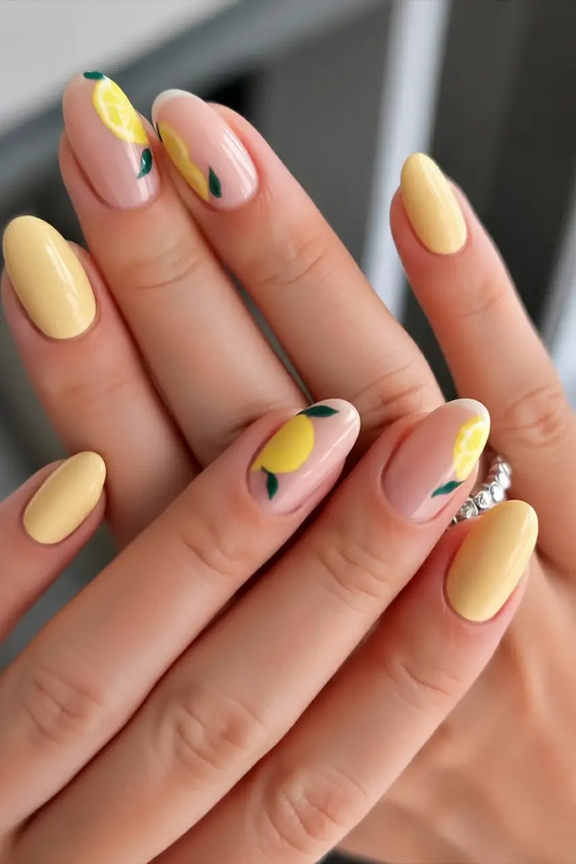 spring to summer season nail art ideas 2026 Soft Lemon Nails with Fresh Citrus Fruit Art