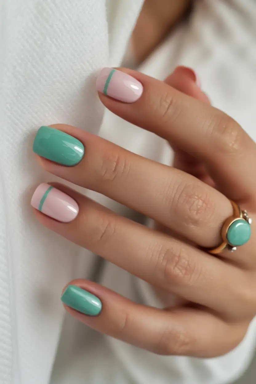 spring to summer season nails color ideas 2026 Minimal Mint and Blush Nail Design with Graphic Lines