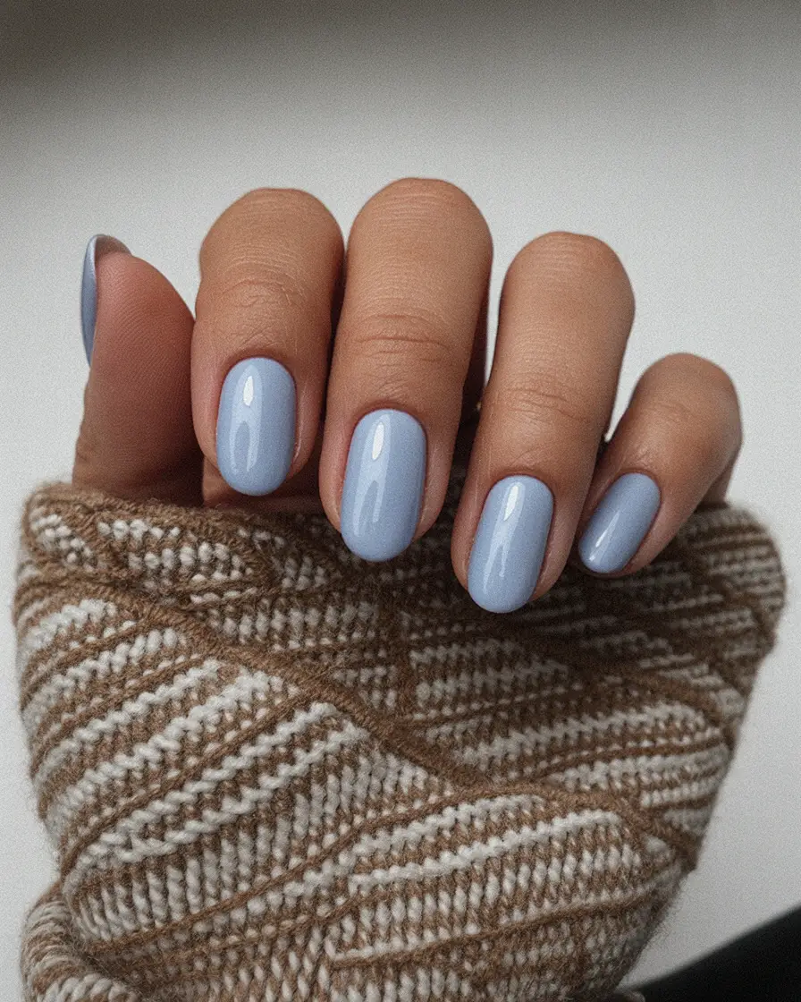 spring to summer season nails color ideas 2026 Powder Blue Glossy Nails for a Calm Summer Aesthetic