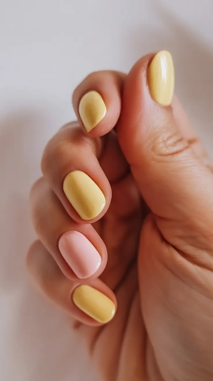 spring to summer season nails color ideas 2026 Sunny Butter Yellow and Soft Blush Accent Nails
