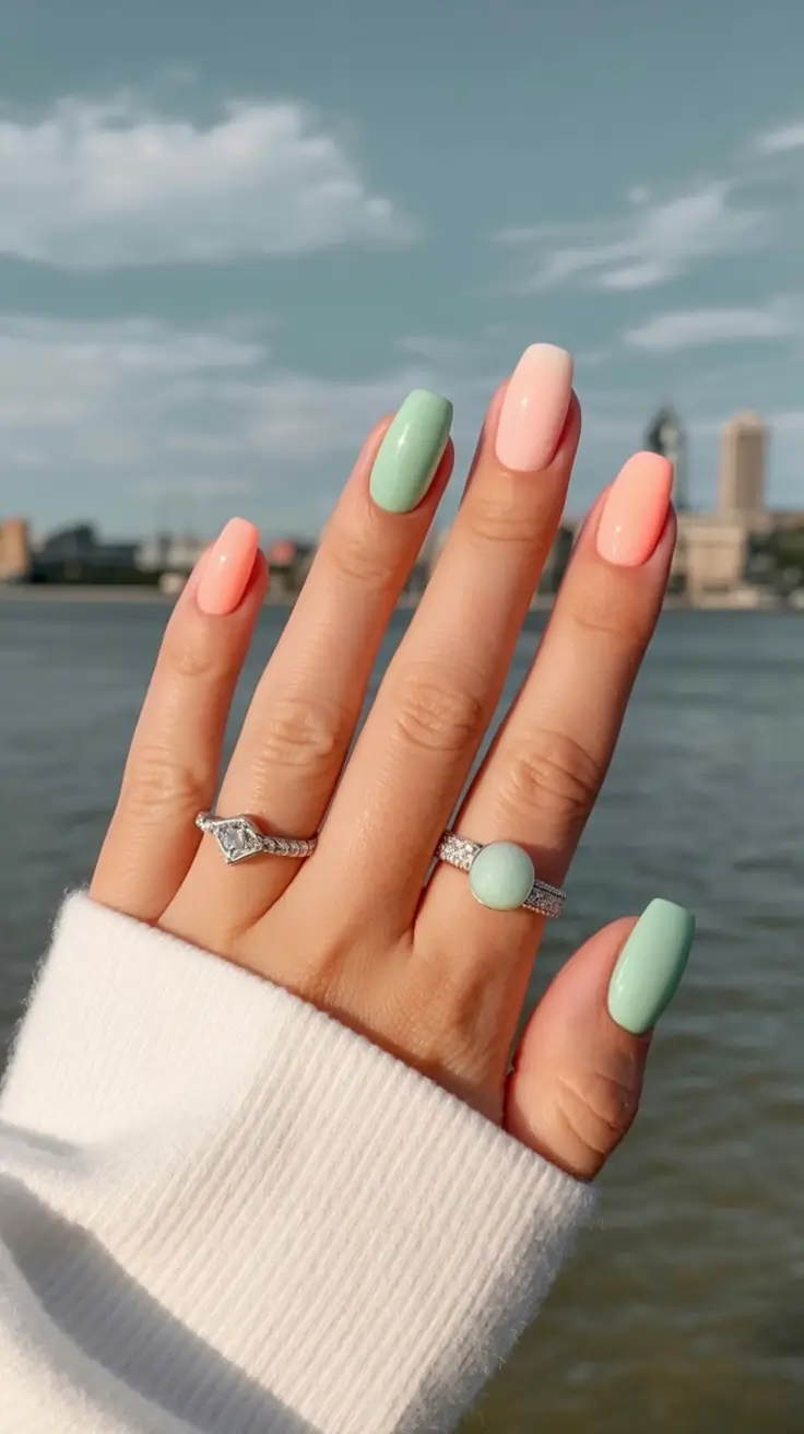 spring to summer season nails color ideas 2026 Mint and Peach Pastel Color Combo