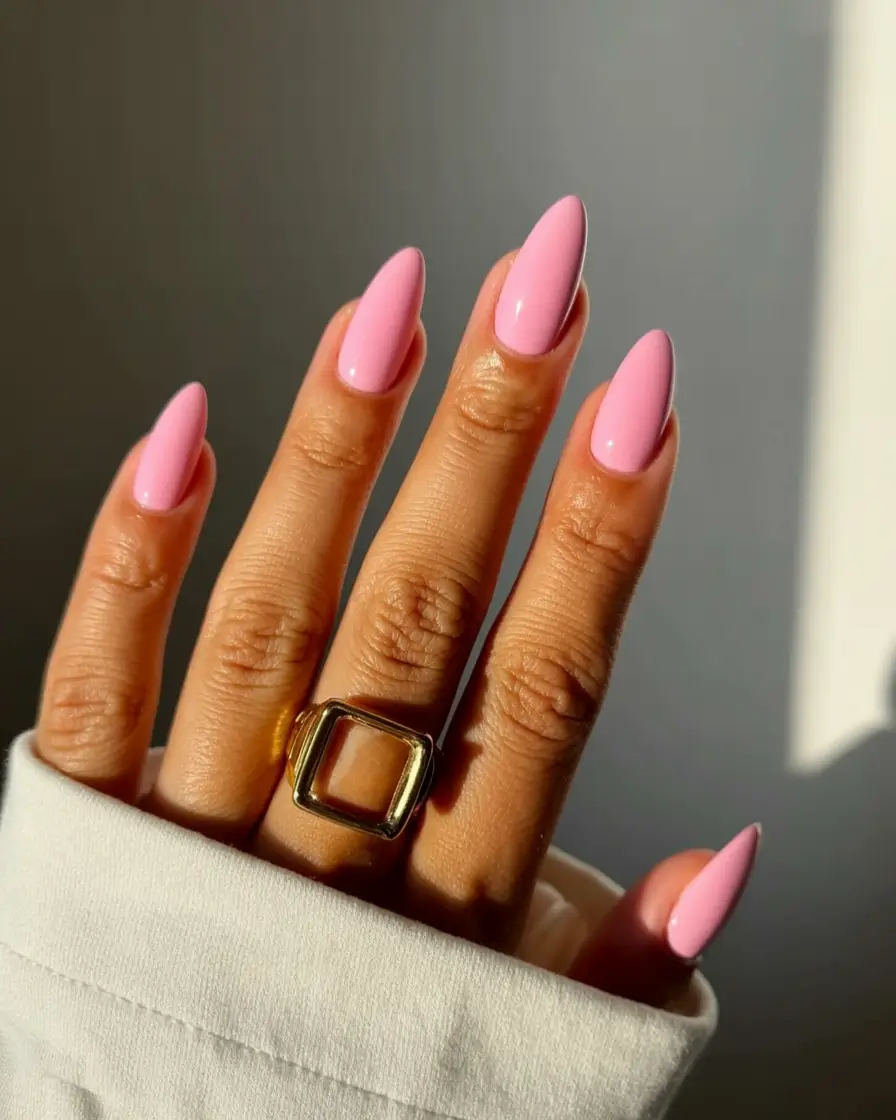 spring to summer season nails color ideas 2026 Classic Soft Pink Almond Nails