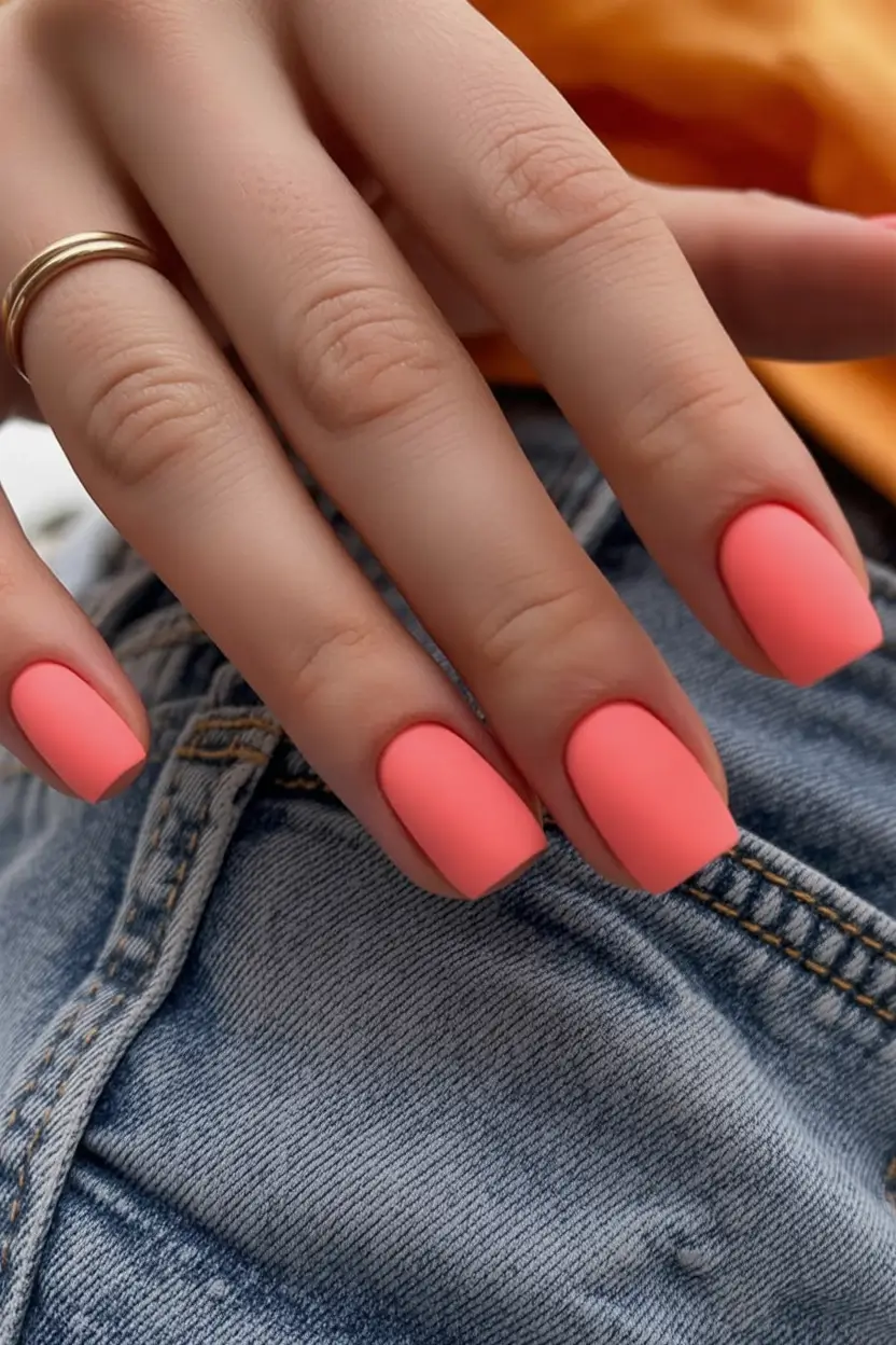 spring to summer season nails color ideas 2026 Matte Coral Square Nails for a Modern Summer Pop