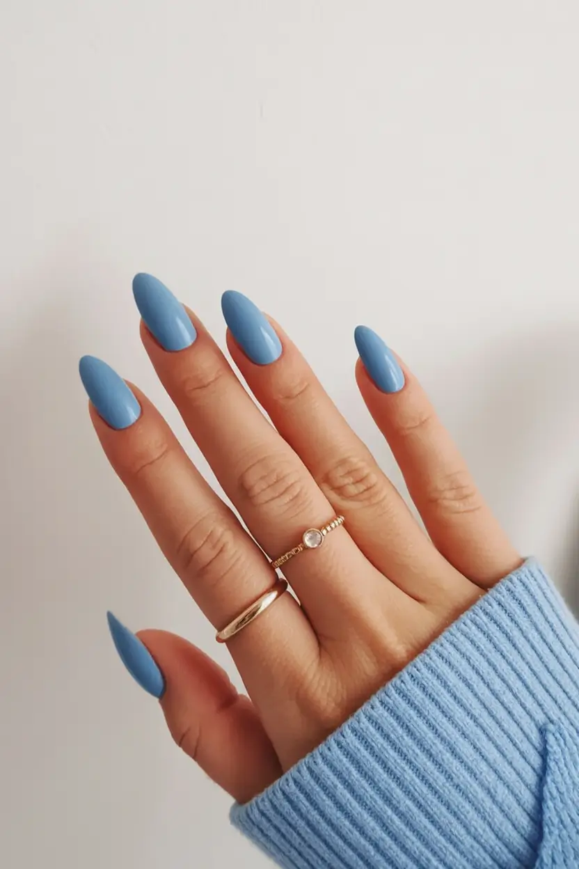 spring to summer season nails color ideas 2026 Sky Blue Almond Nails for a Clean Seasonal Look