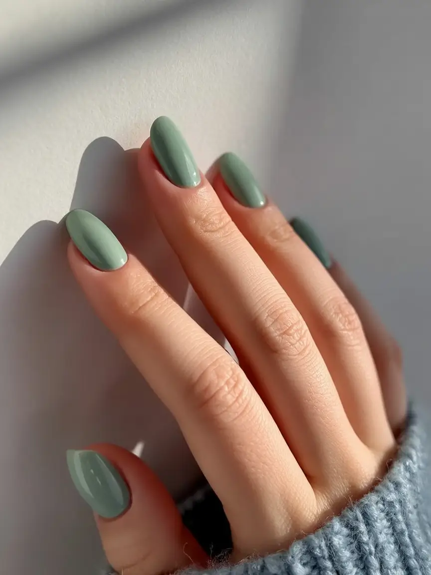 spring to summer season nails color ideas 2026 Muted Sage Green for an Effortlessly Chic Transition