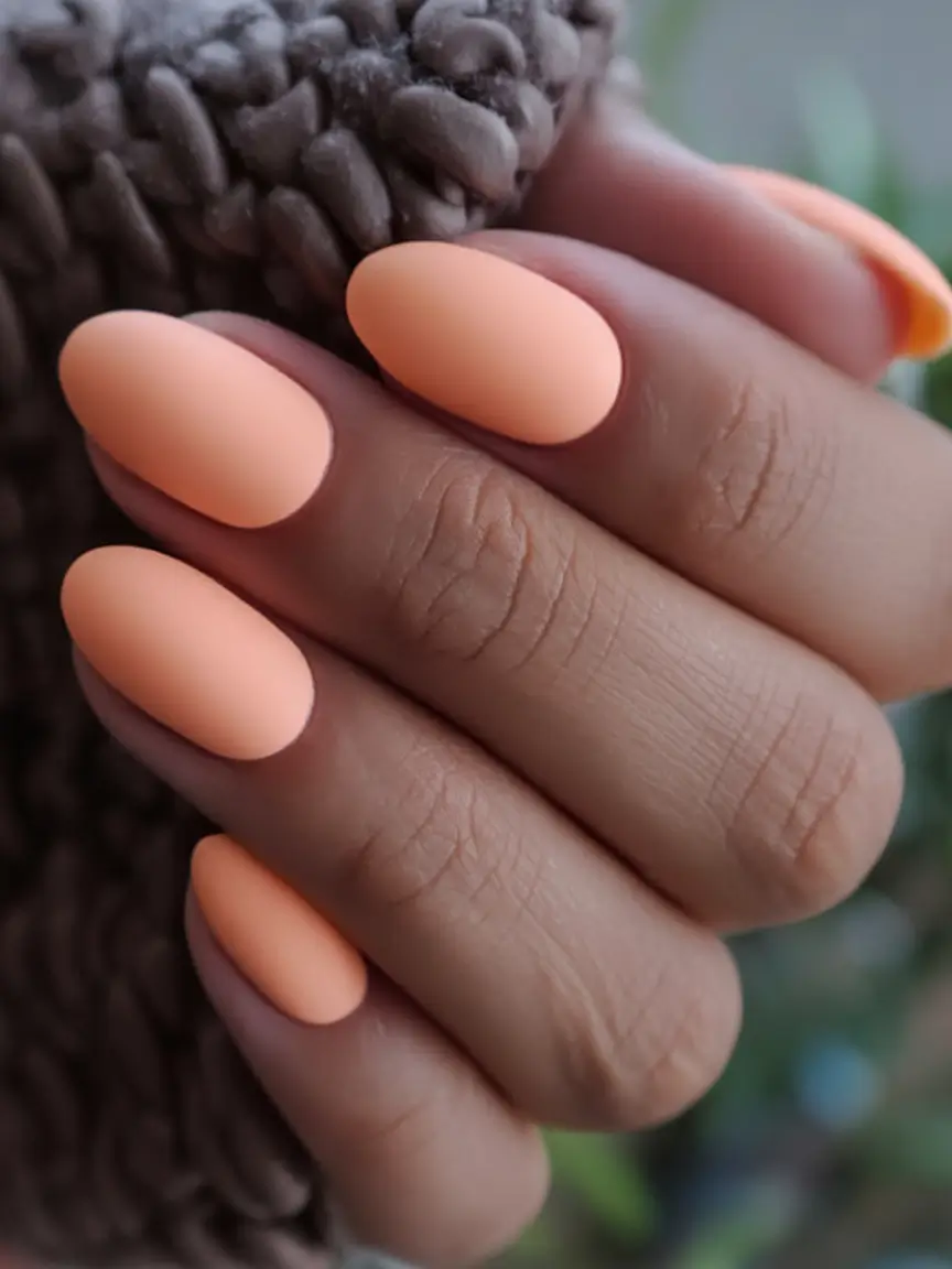 spring to summer season nails color ideas 2026 Matte Peach Nails with a Soft Velvet Finish