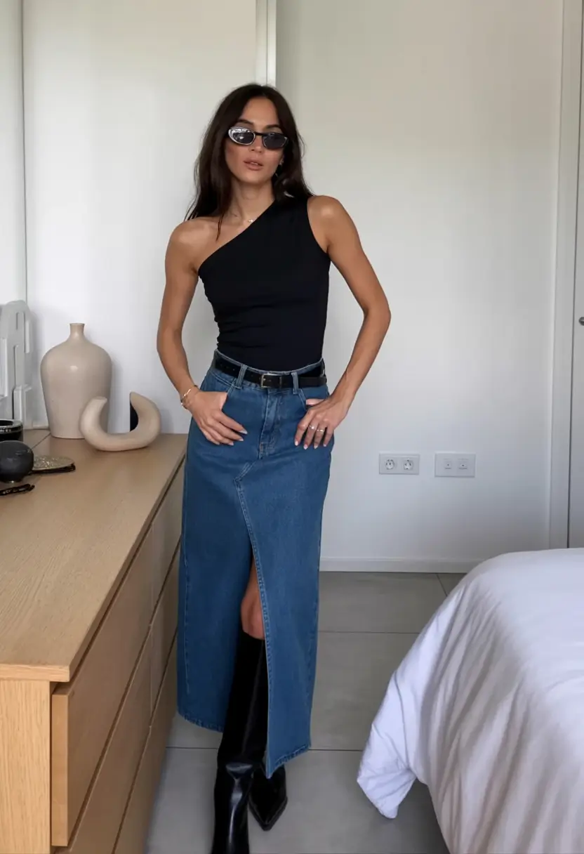 spring to summer season outfits ideas 2026 Denim Skirt and Asymmetrical Top Modern Contrast