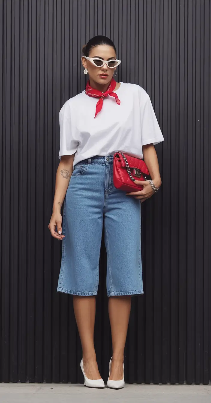 spring to summer season outfits ideas 2026 Retro Denim Bermuda and Bold Red Accents