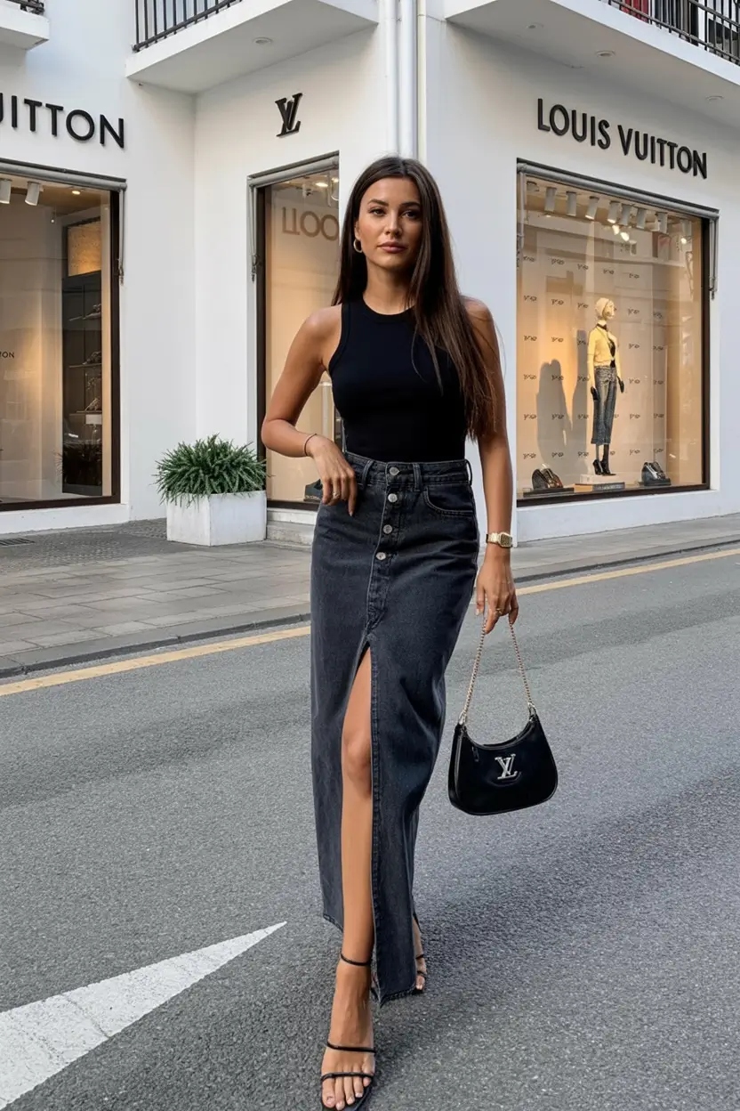 spring to summer season outfits ideas 2026 Dark Denim Skirt with Sleek Modern Edge