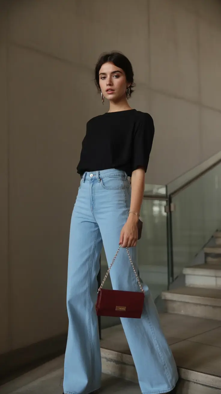 spring to summer season outfits ideas 2026 Light Denim and Black Tee Minimal Chic