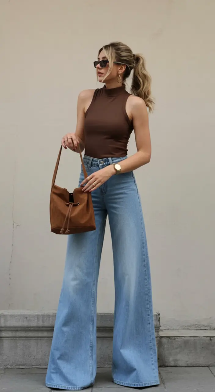 spring to summer season outfits ideas 2026 Wide Leg Denim with Rich Neutral Layers