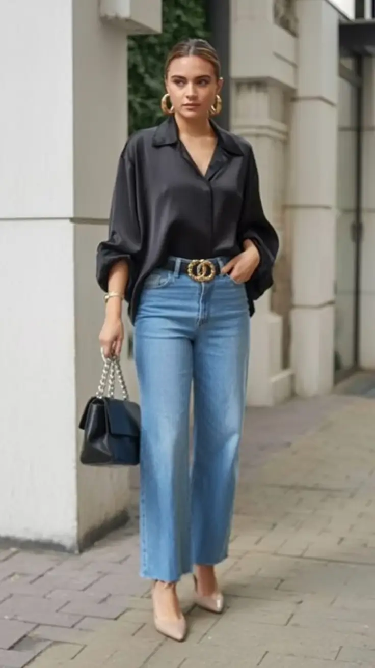 spring to summer season outfits ideas 2026 Silky Black Blouse and Light Denim for Effortless City Polish