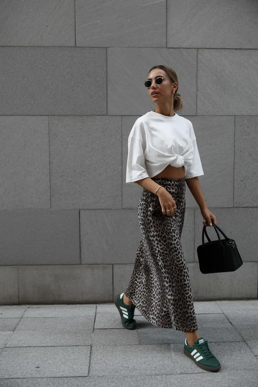 spring to summer season outfits ideas 2026 Leopard Skirt with Relaxed Cropped Tee
