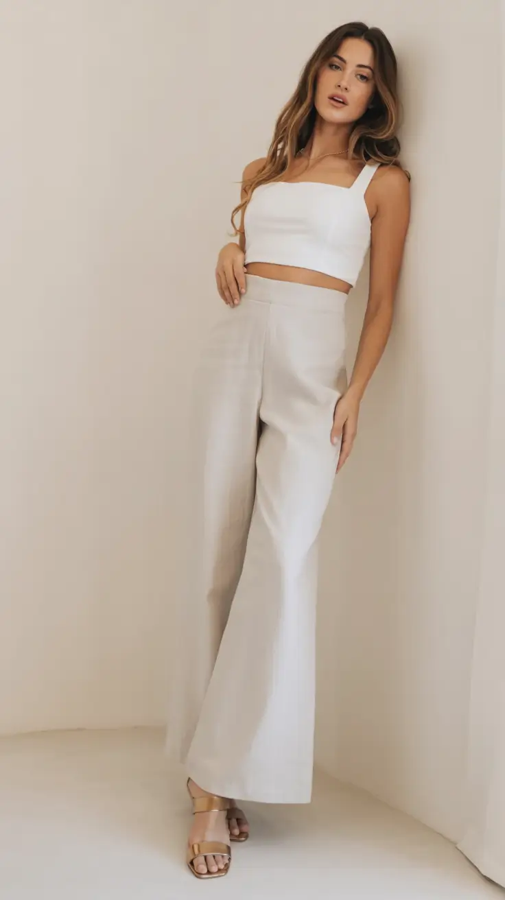 spring to summer season outfits ideas 2026 Minimal White Crop Top with Tailored Wide Leg Trousers