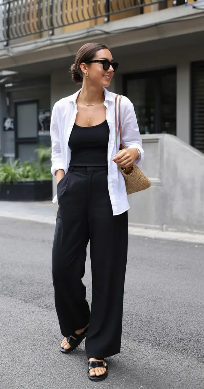 spring to summer season outfits ideas 2026 Relaxed Black Trousers with an Open White Shirt