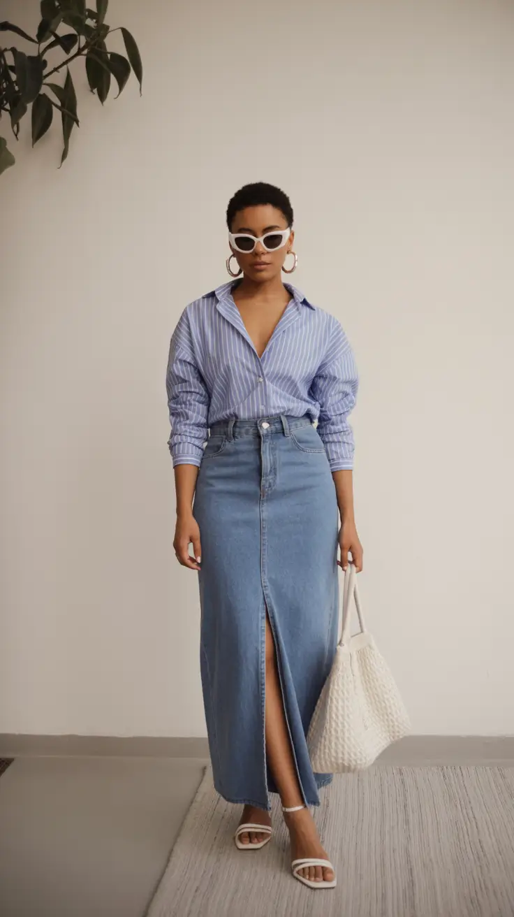 spring to summer season outfits ideas 2026 Striped Shirt and Denim Maxi for Modern Casual Balance