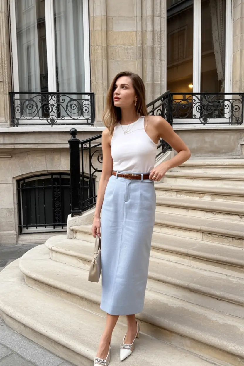 spring to summer season outfits ideas 2026 Elegant Minimalism with Soft Blue Tailoring