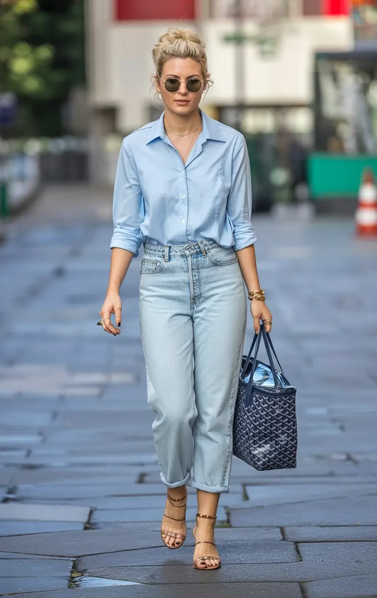 spring to summer season outfits ideas 2026 Fresh Blue Shirt and Relaxed Denim for Warm City Days