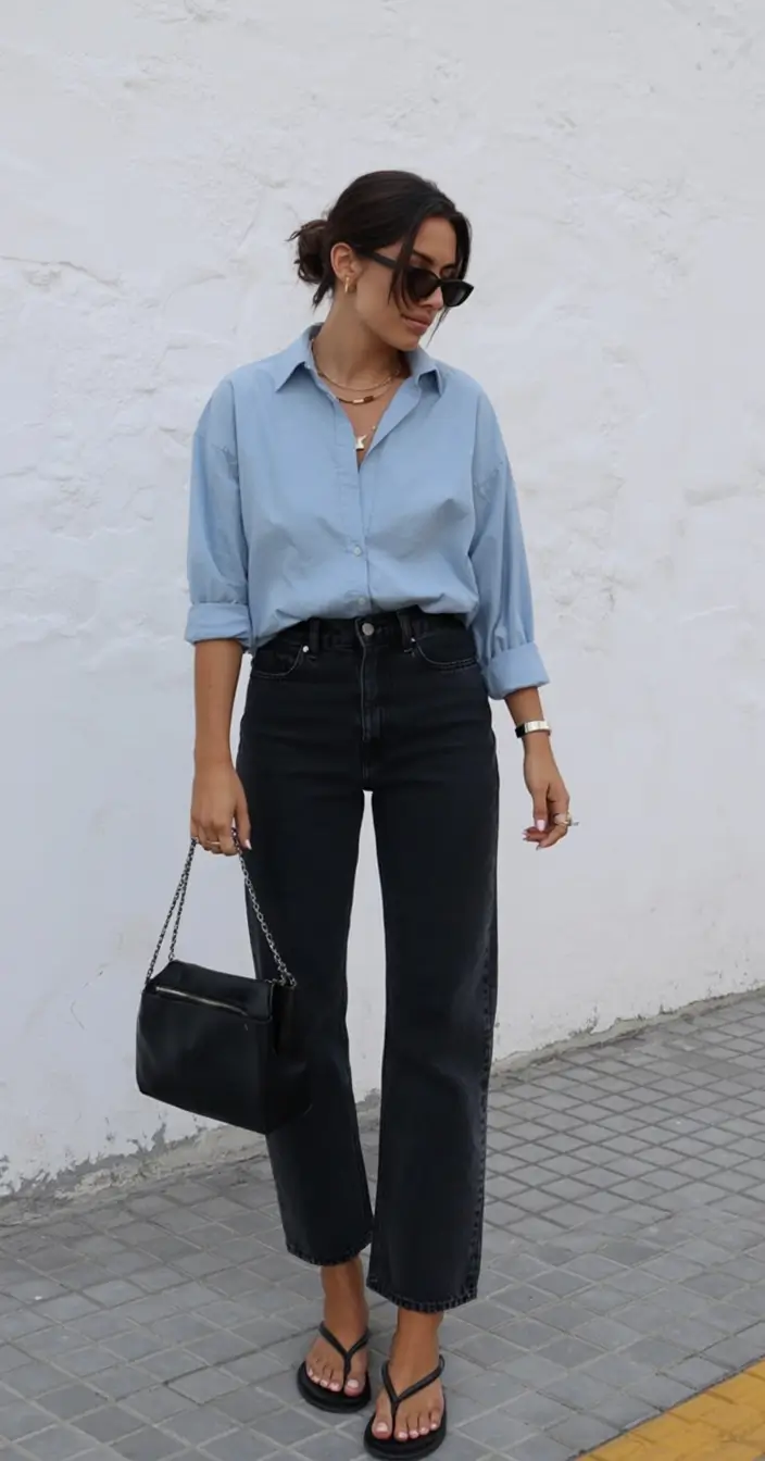 spring to summer season outfits ideas 2026 Blue Button Down with Black Denim Minimalism