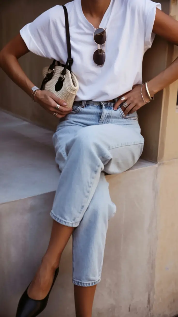 spring to summer season outfits ideas 2026 Relaxed White Tee and Light Denim Simplicity