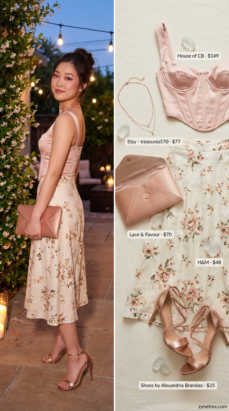 Romantic summer hot tops outfit 2026 for date night featuring a blush pink corset top, cream floral midi skirt, and rose gold heels.