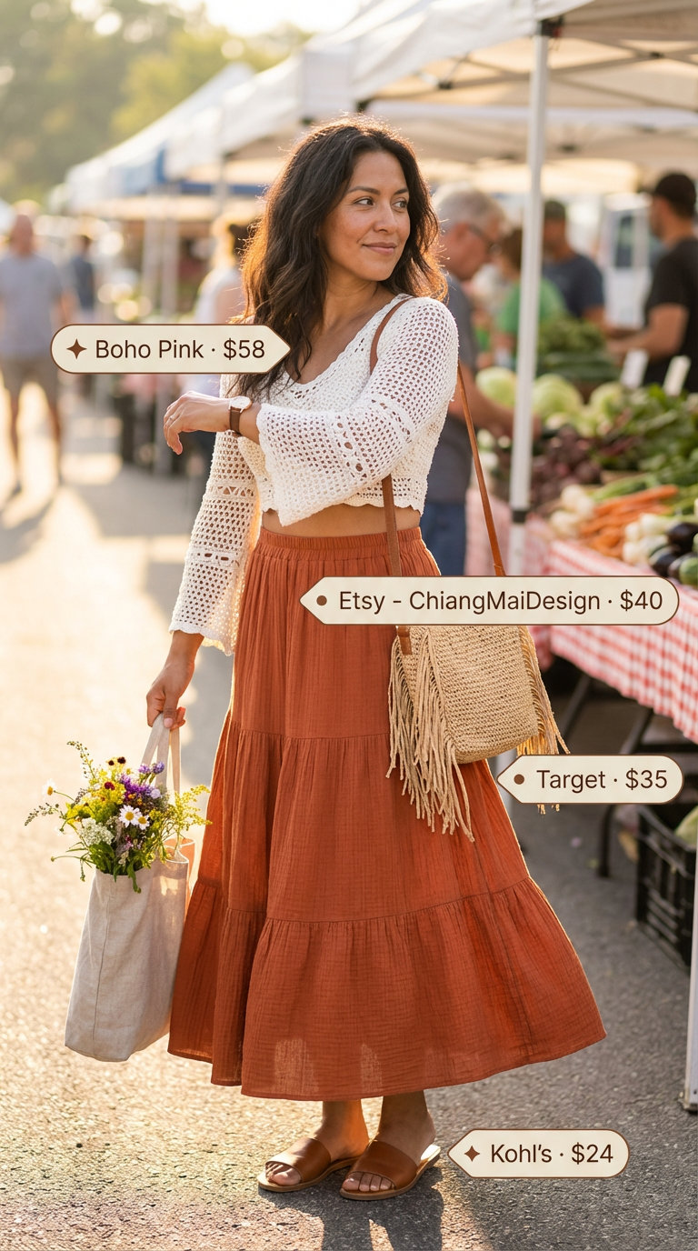 Bohemian white crochet crop top with bell sleeves and a rust orange tiered maxi skirt, a relaxed summer hot tops outfit 2026 for a beach day or festival. Gold coin necklaces enhance the boho feel.