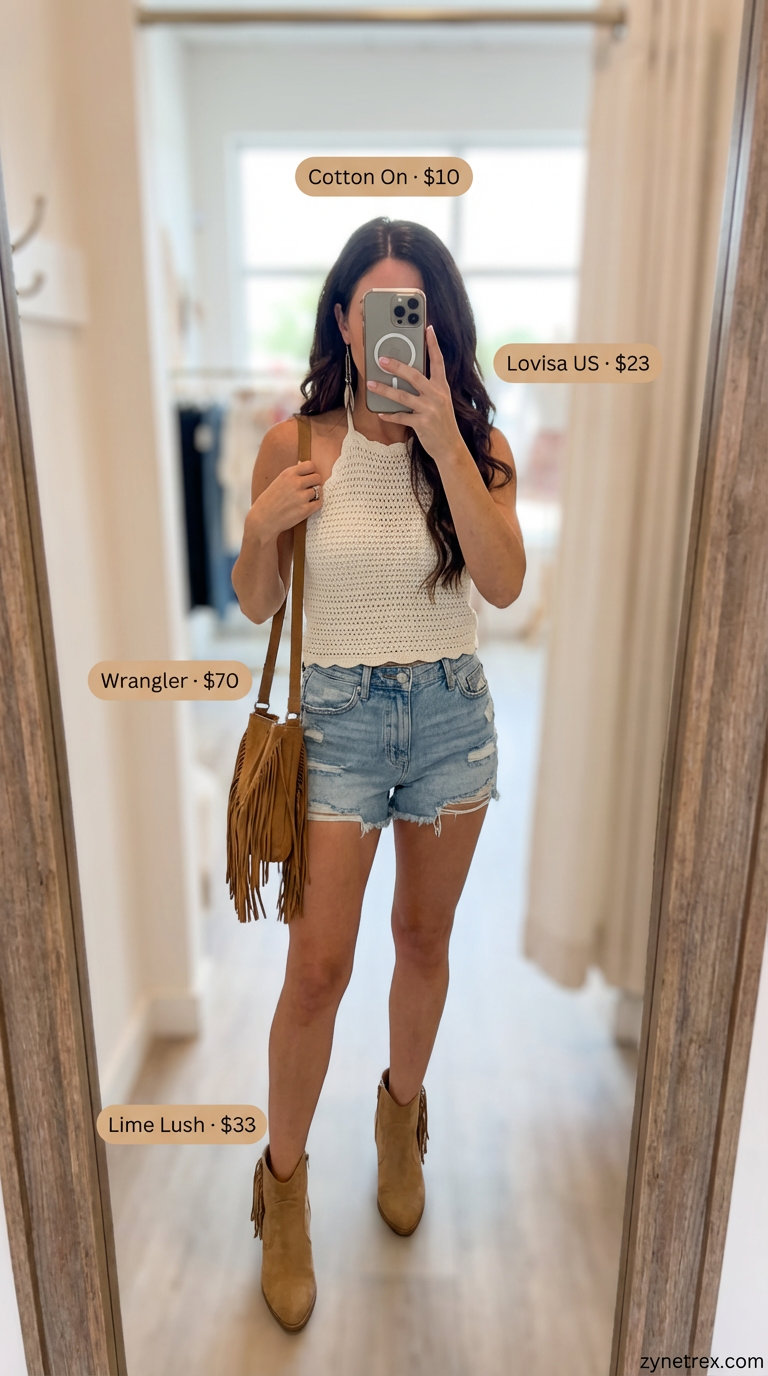 Bohemian ecru crochet halter top and distressed denim shorts, a free-spirited summer hot tops outfit 2026 for a music festival.