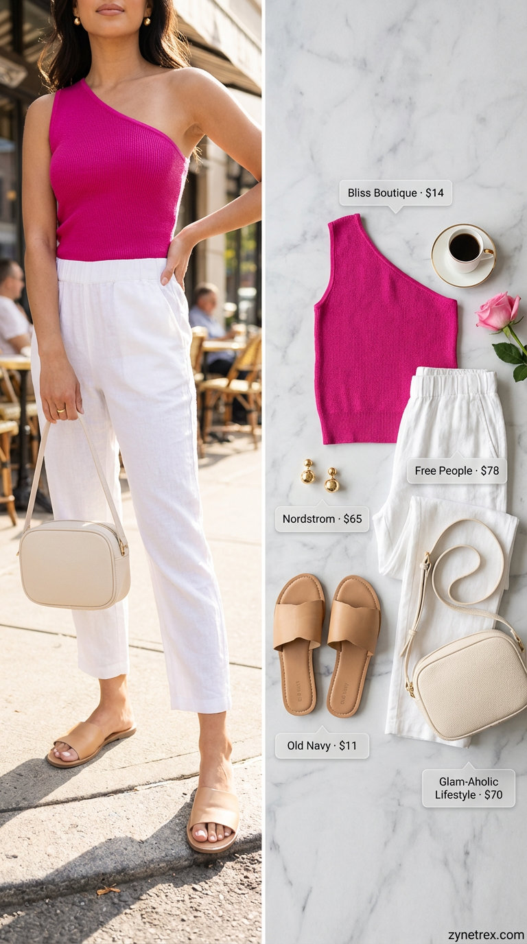 Chic fuchsia one-shoulder ribbed tank top and white wide-leg linen pants, a confident summer hot tops outfit 2026 for a café rendezvous.