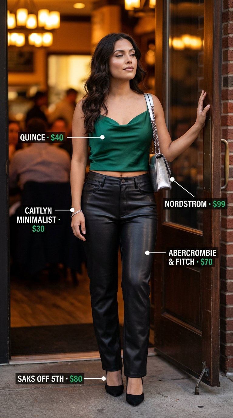 Sleek emerald green silk satin cowl neck camisole with black faux leather trousers, creating a chic summer hot tops outfit 2026 for a dinner date or cocktail hour. Silver metallic bag adds a luxe touch.