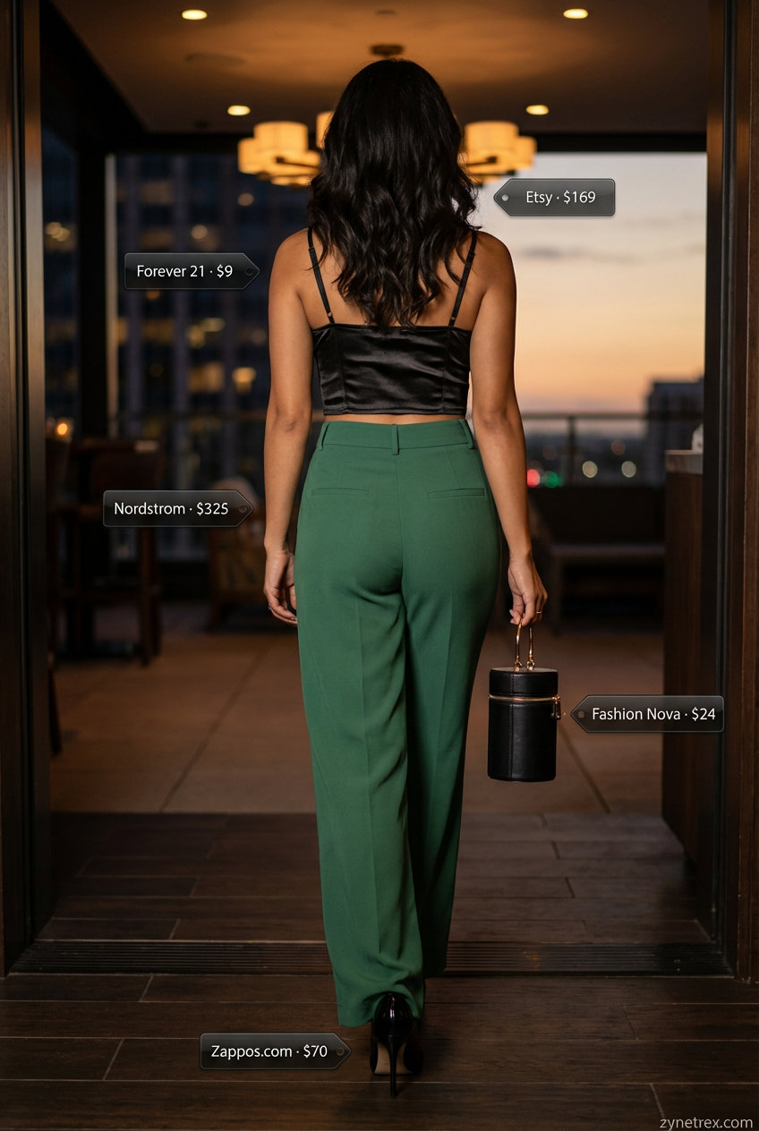 Sultry black satin bustier and emerald wide-leg trousers, a bold summer hot tops outfit 2026 for evening events.