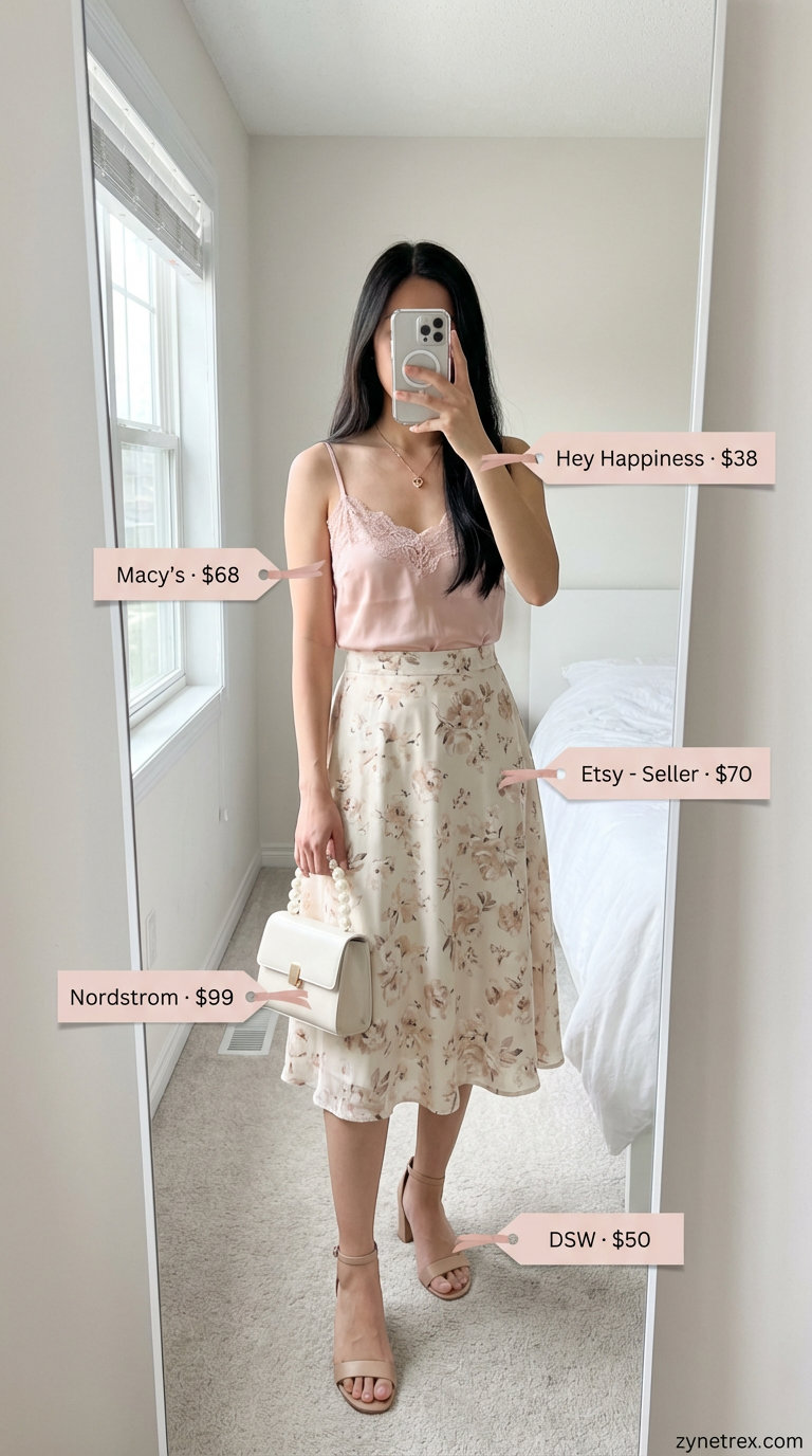 Flirty blush pink lace trim camisole with a cream floral midi skirt, a romantic summer hot tops outfit 2026 for a brunch date.
