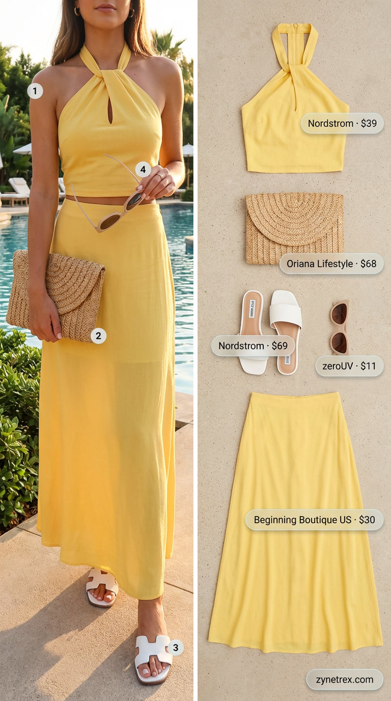 Flirty sunny yellow halter neck crop top with a matching sarong skirt, a vibrant summer hot tops outfit 2026 ideal for poolside lounging or resort cocktails. White slides complete the playful vacation look.
