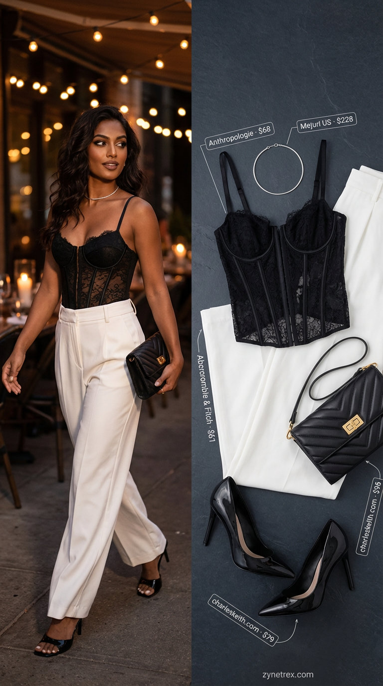 Sultry black lace bustier and ivory wide-leg trousers forming a chic summer hot tops outfit 2026 for evening parties.
