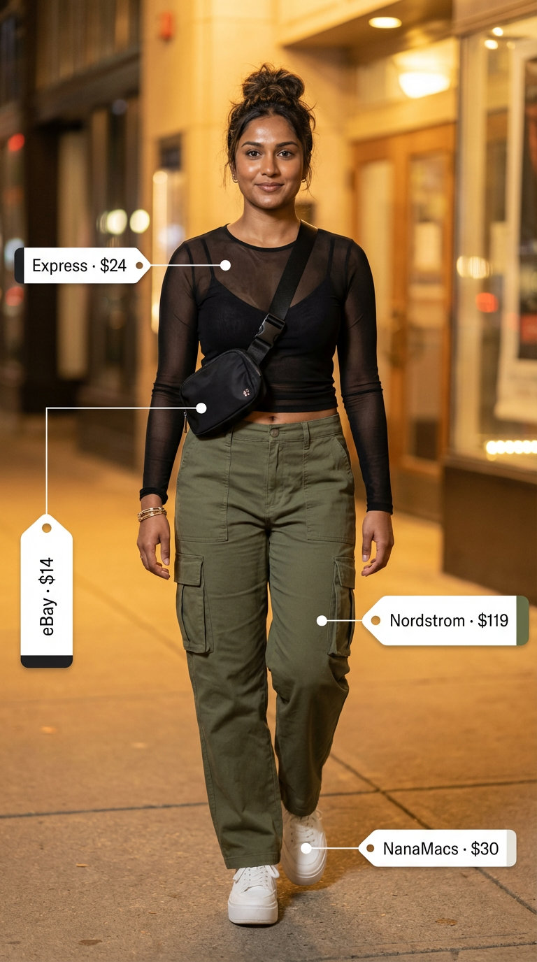 Cool and comfortable summer hot tops outfit 2026 with a black sheer mesh top, olive utility cargo pants, and platform sneakers.