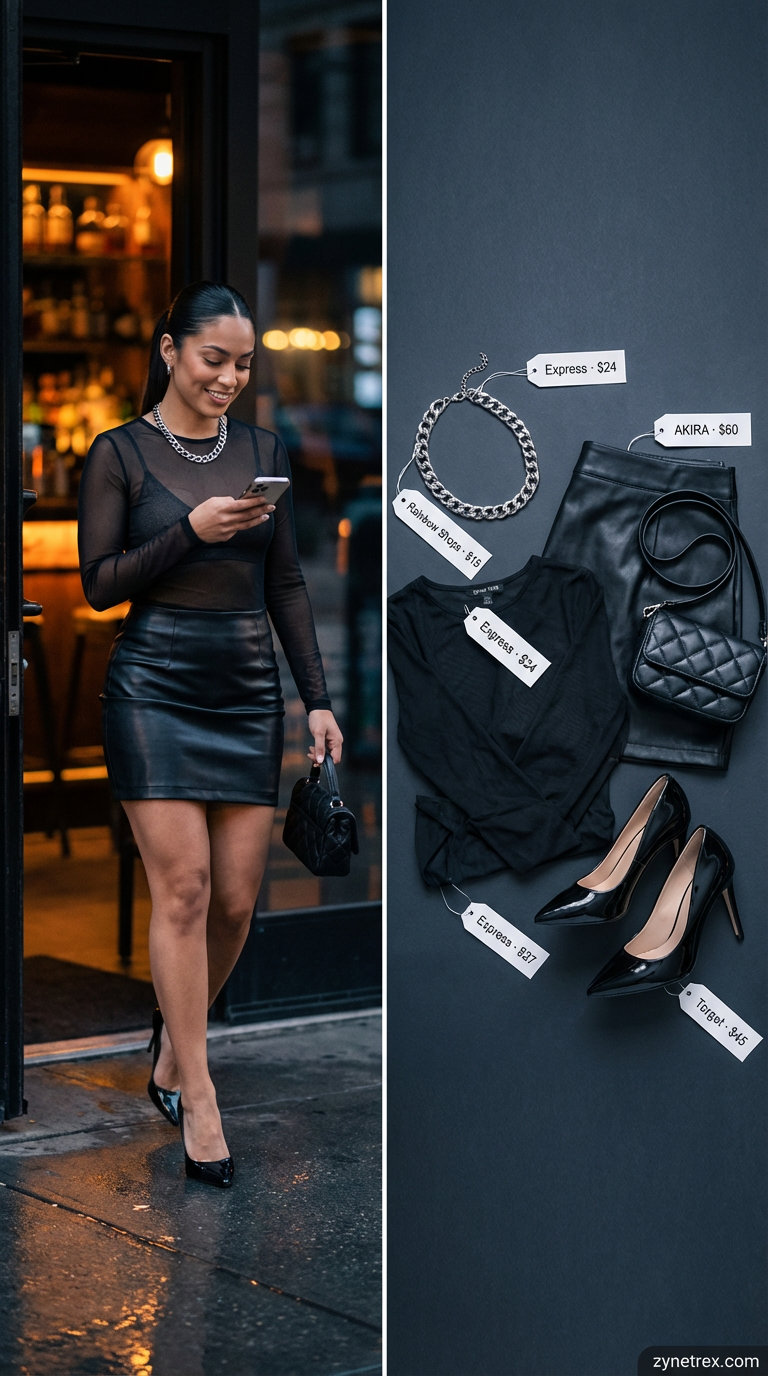 Daring black sheer mesh crop top and faux leather mini skirt for an edgy summer hot tops outfit 2026 night out.