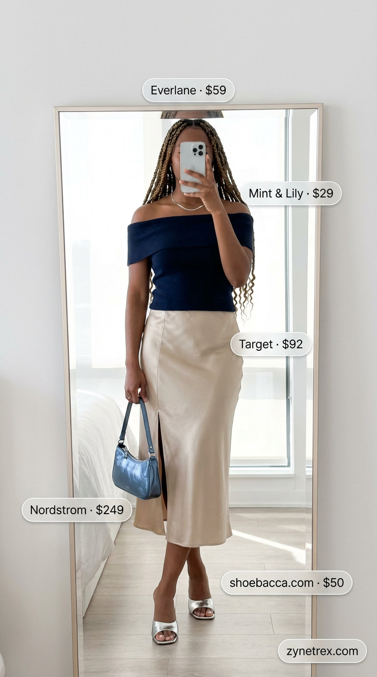 Sophisticated navy off-shoulder knit top and cream satin midi skirt for a modern summer hot tops outfit 2026.