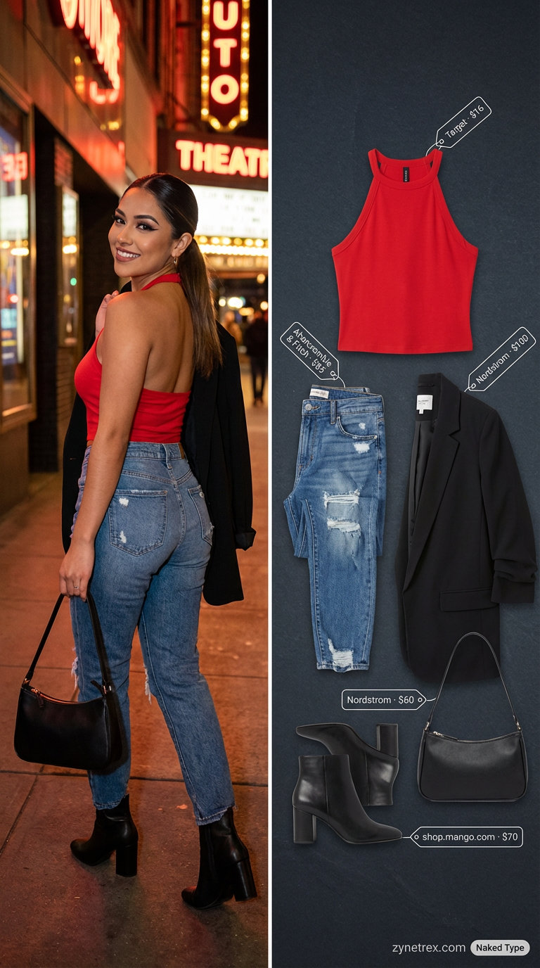 Downtown Diva summer hot tops outfit 2026 with a fiery red halter crop top, distressed jeans, and oversized black blazer.