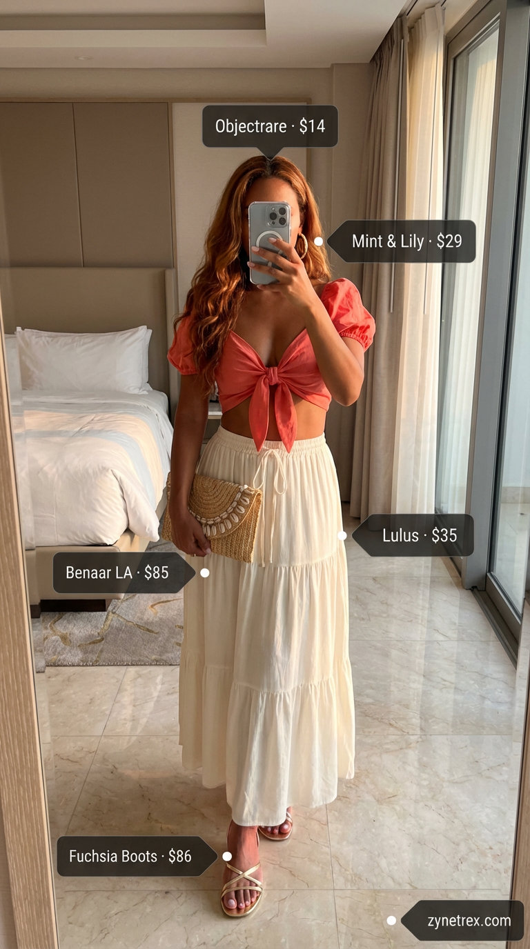 Glamorous coral silk blend tie-front crop top and ivory tiered maxi skirt, perfect summer hot tops outfit 2026 for a resort dinner with gold accessories.
