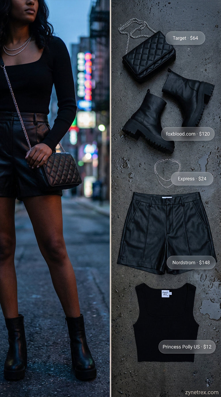 Urban Edgy black ribbed crop top, faux leather shorts, and chunky platform boots define this summer hot tops outfit 2026.