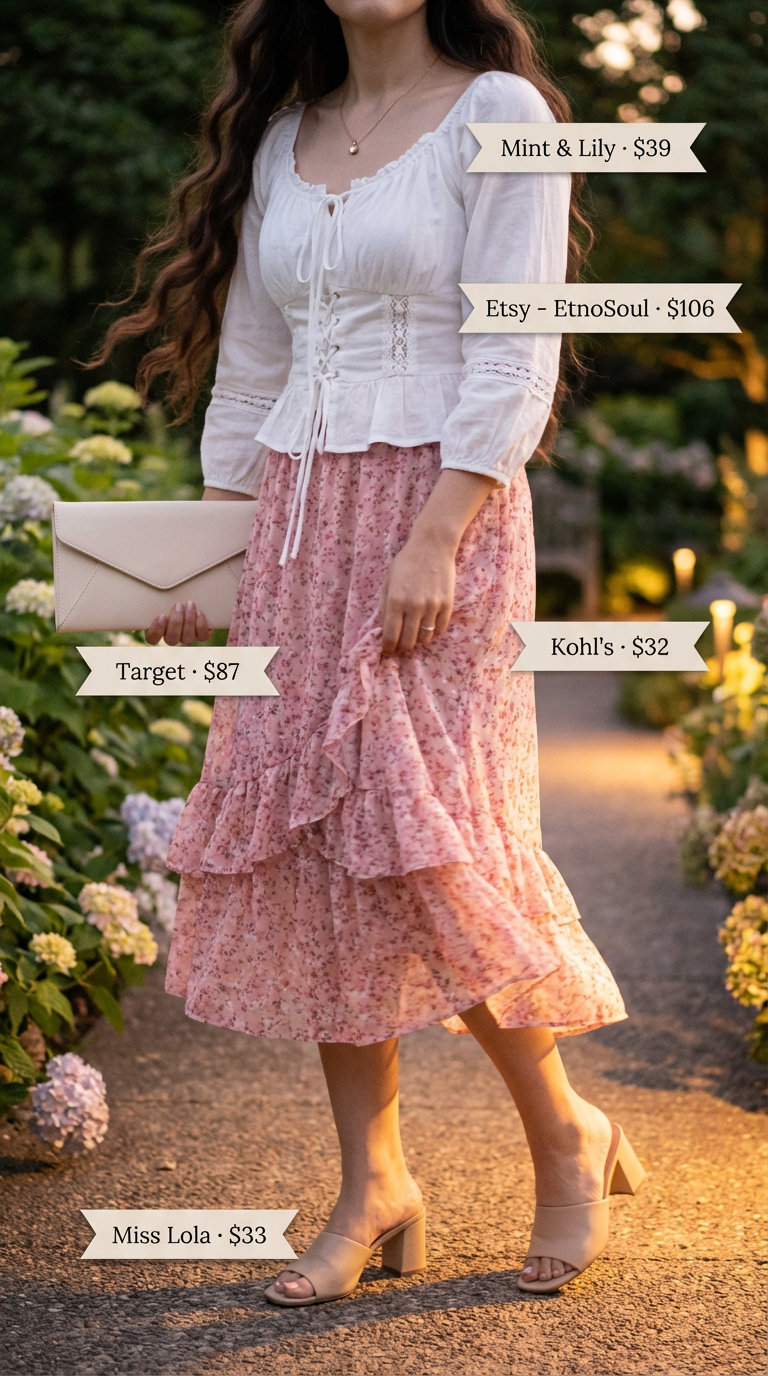 Romantic blush pink floral print midi skirt with a white off-the-shoulder top, a sweet summer hot tops outfit 2026 for date night.