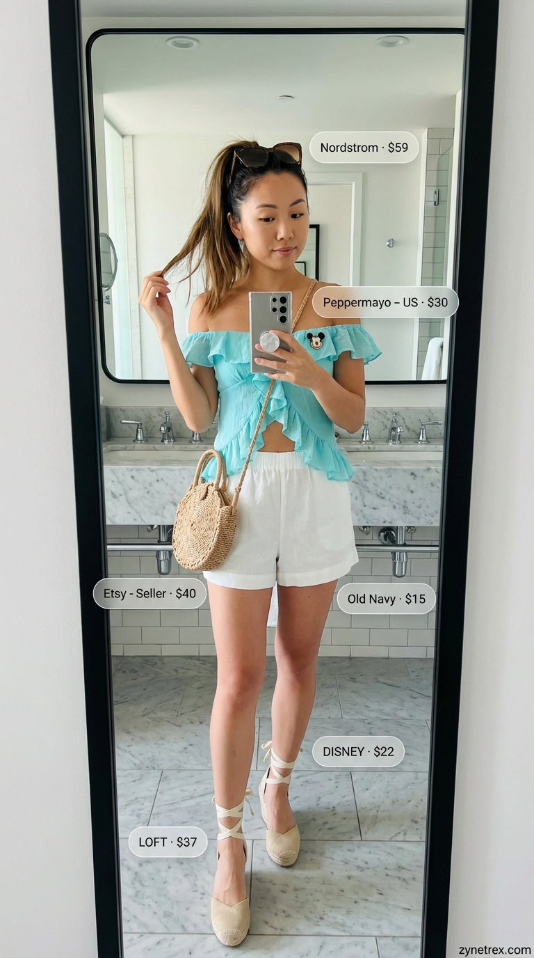 Playful turquoise smocked crop top and white linen shorts, a flirty summer hot tops outfit 2026 for vacation brunch with espadrille wedges.