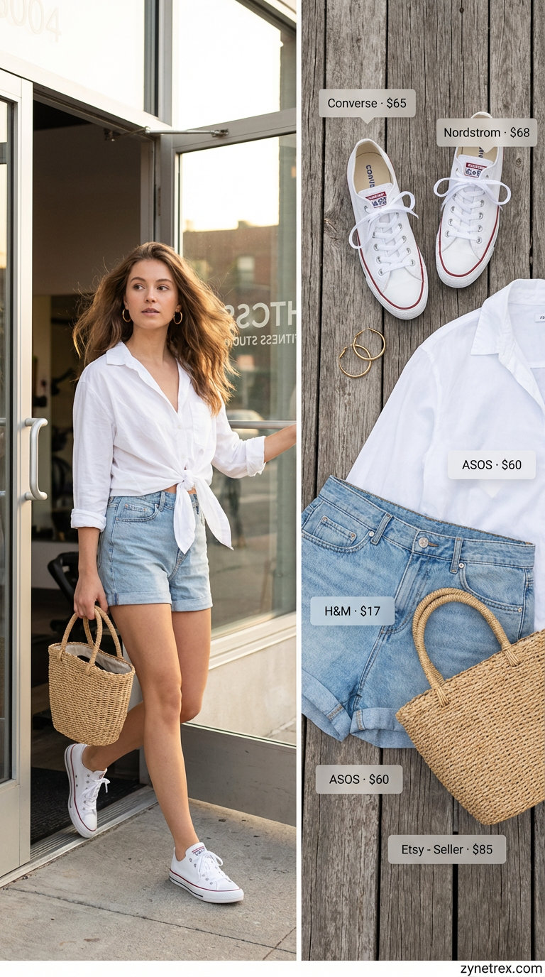Chic crisp white oversized button-down shirt tied at the waist with light wash denim shorts, an effortless summer outfit for brunch. Not a 'hot top', but a polished casual summer look for 2026.