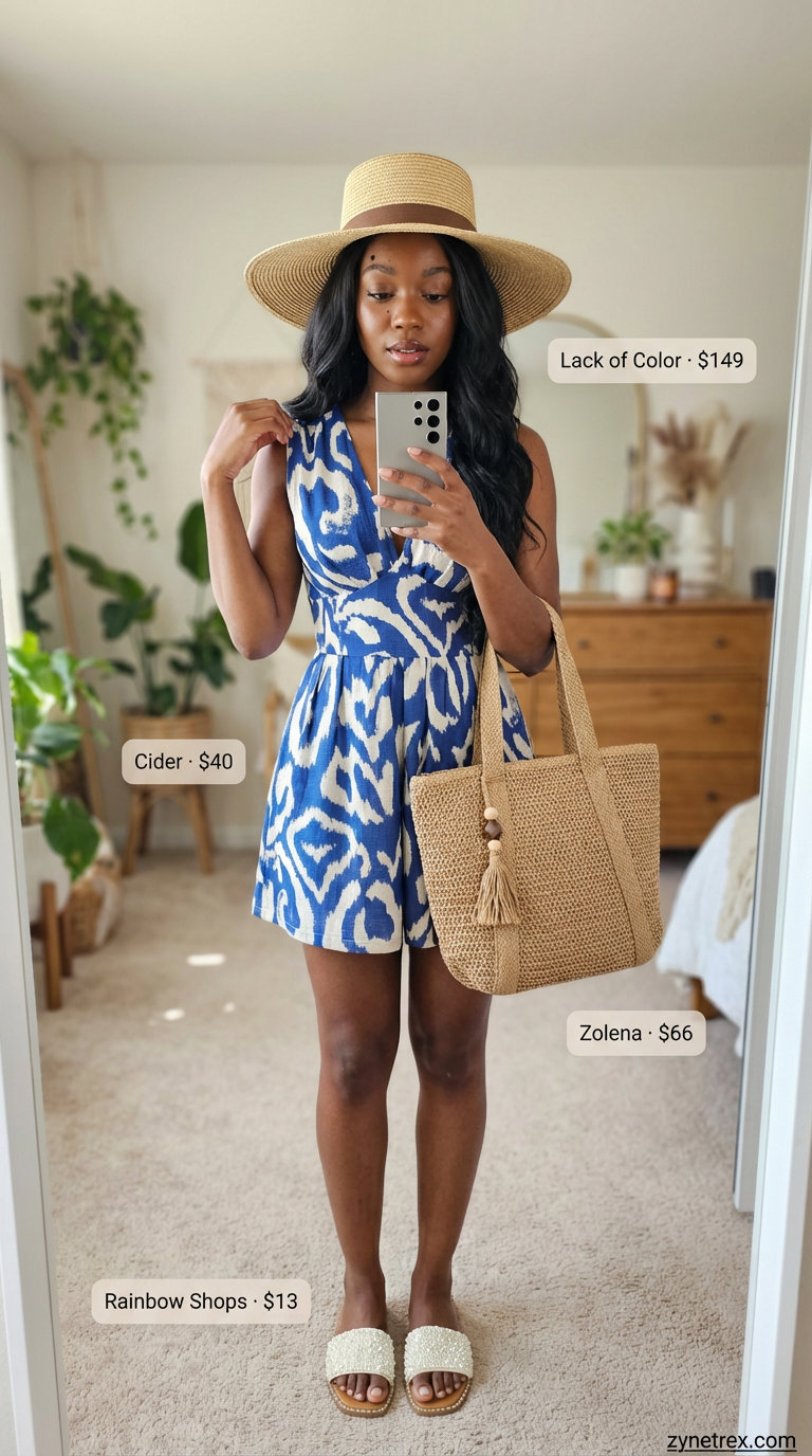 Carefree bohemian summer outfits for black women 2026: cobalt blue printed V-neck romper, white embellished slide sandals, large straw tote, and wide-brim hat. Beach-ready.