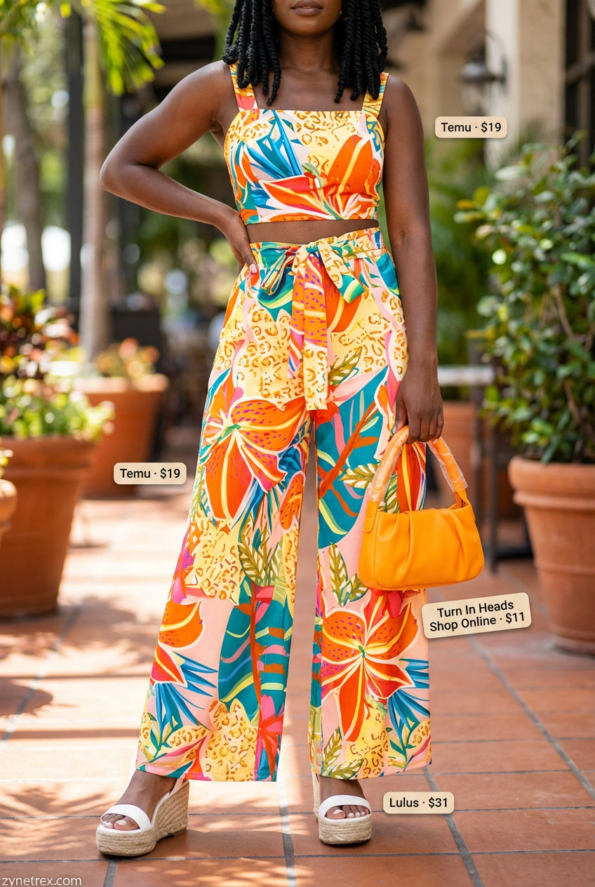 Confident black woman in a yellow, orange, and blue floral print two-piece set with platform espadrilles, perfect for bold summer outfits for black women 2026.