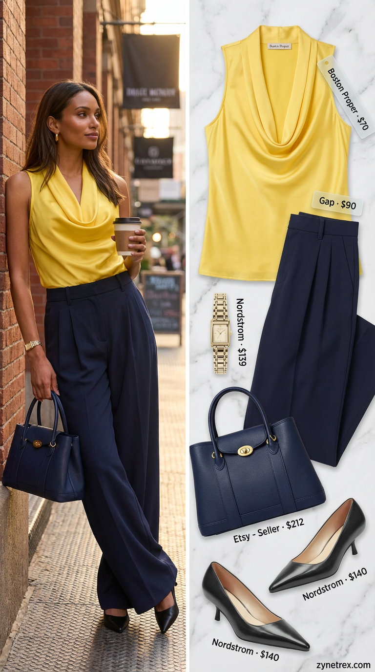 Professional summer office outfits for black women 2026: navy wide-leg trousers, mustard yellow silk blend blouse, black pumps, and a structured tote. Business casual perfection.