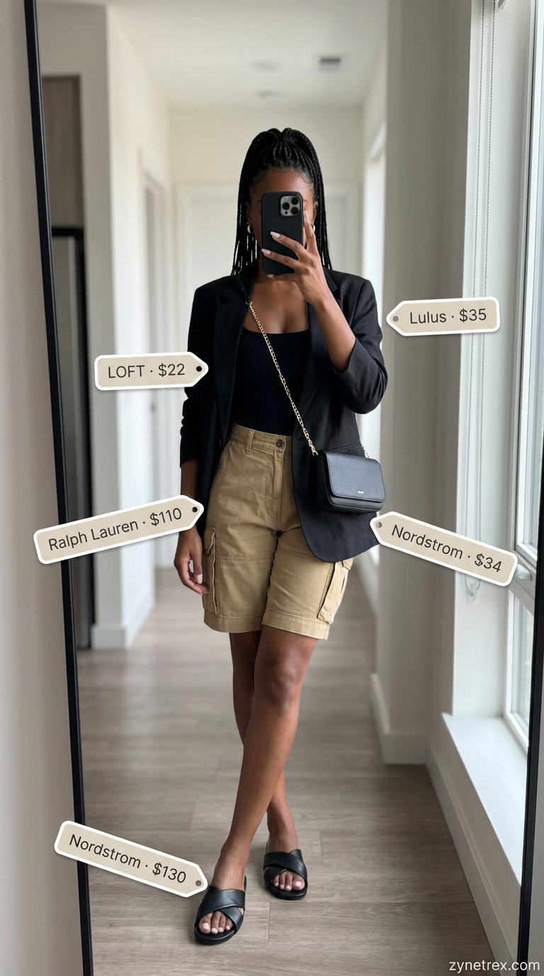 Polished city safari summer outfit for black women 2026: khaki tailored cargo shorts, black bodysuit, oversized linen blazer, and flat black slides. Ideal for urban exploration.