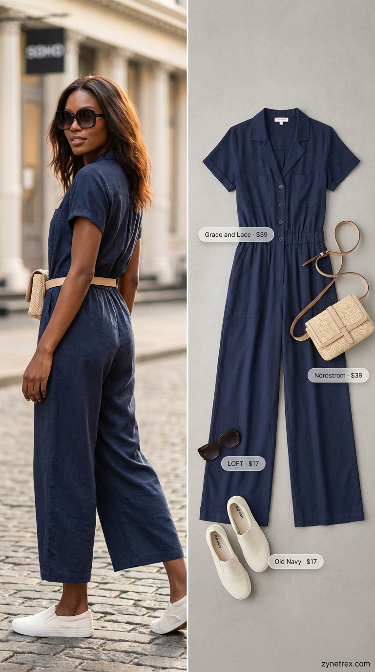 Stylish black woman in a navy utility romper, white slip-on sneakers, and a tan belt bag for versatile summer outfits for black women 2026, ideal for sightseeing.