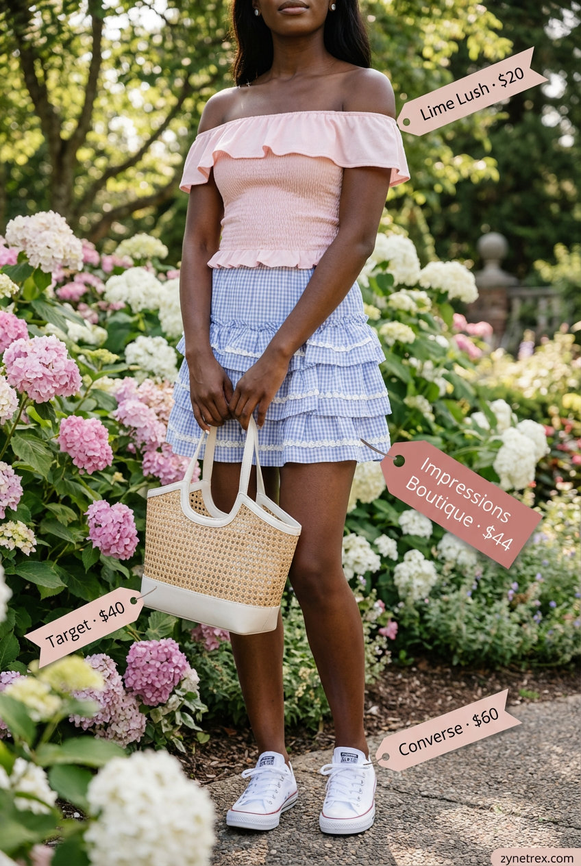 Playful garden party summer outfits for black women 2026: blue and white gingham mini skirt, pink smocked crop top, white sneakers, and straw basket bag. Sweet & feminine.
