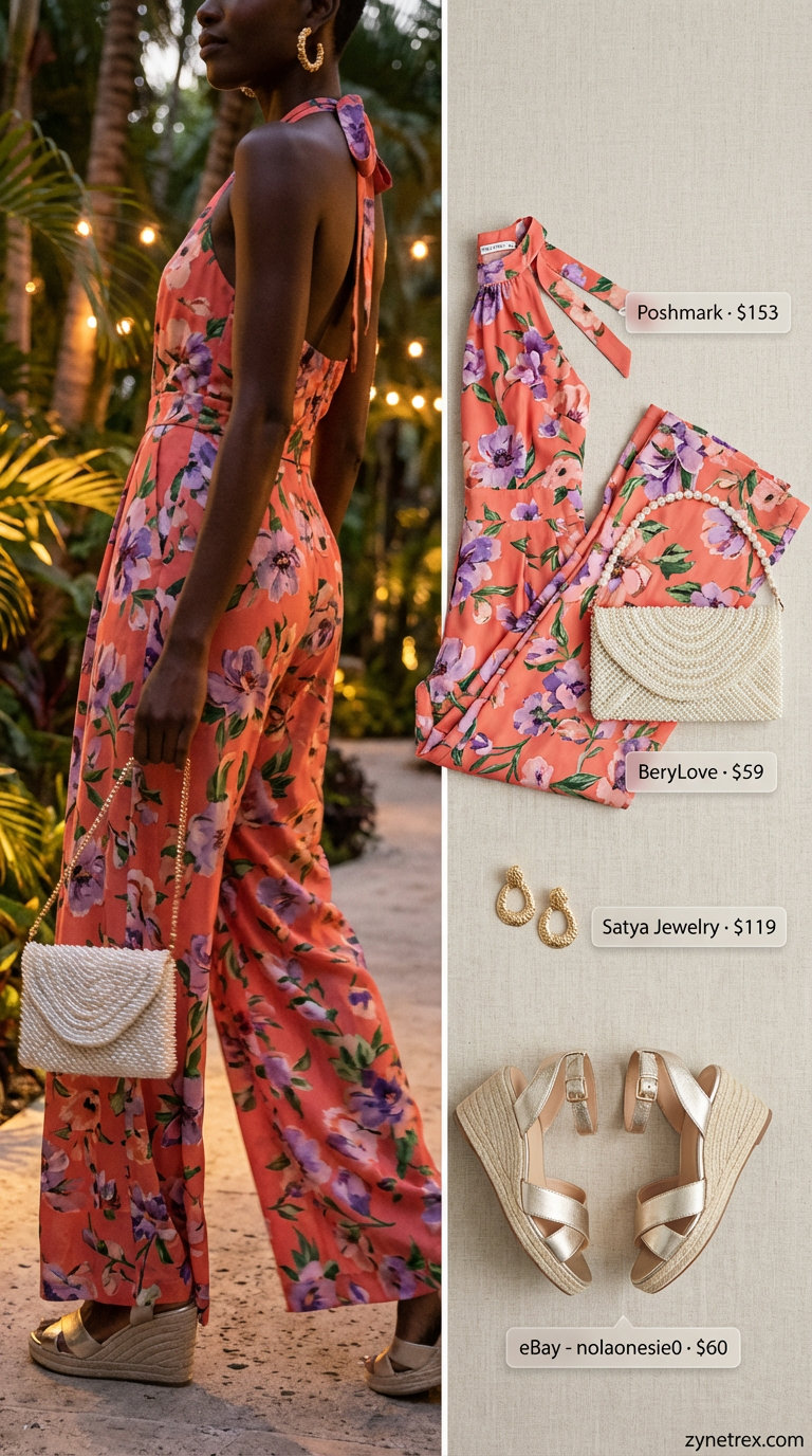 Glamorous black woman in a coral floral print wide-leg jumpsuit, espadrille wedges, and gold hoop earrings, perfect for elegant summer outfits for black women 2026.